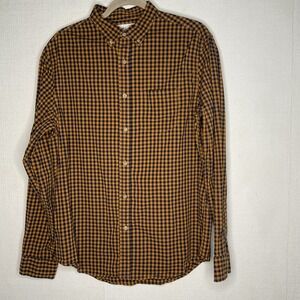 Old Navy Everyday Built In Flex Shirt M‎ Brown Navy Plaid Button Up Long Sleeve